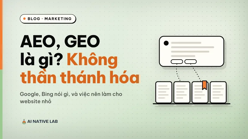 Ảnh bìa nền xanh ngọc chấm bi: tiêu đề AEO, GEO là gì, hình thẻ câu trả lời nối tới hai trang web, một trang gắn dấu cam