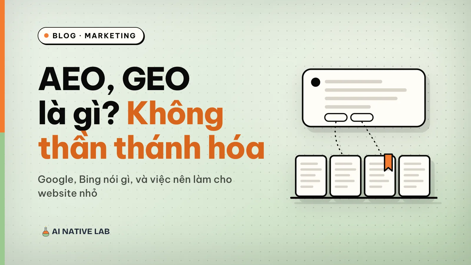 Ảnh bìa nền xanh ngọc chấm bi: tiêu đề AEO, GEO là gì, hình thẻ câu trả lời nối tới hai trang web, một trang gắn dấu cam