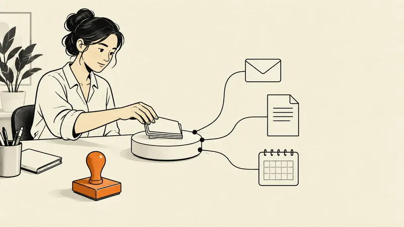 Chủ doanh nghiệp giao việc cho một trung tâm AI nối với thư, tài liệu, lịch; con dấu cam là bước duyệt
