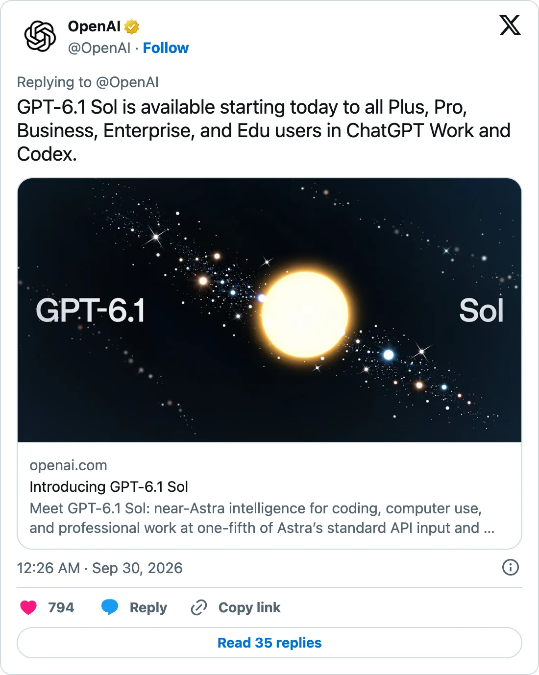 Bài đăng X của OpenAI: GPT-6.1 Sol có cho Plus, Pro, Business, Enterprise, Edu trong ChatGPT Work và Codex