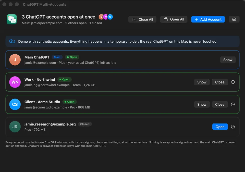 ChatGPT Multi-Accounts — Giao diện tối
