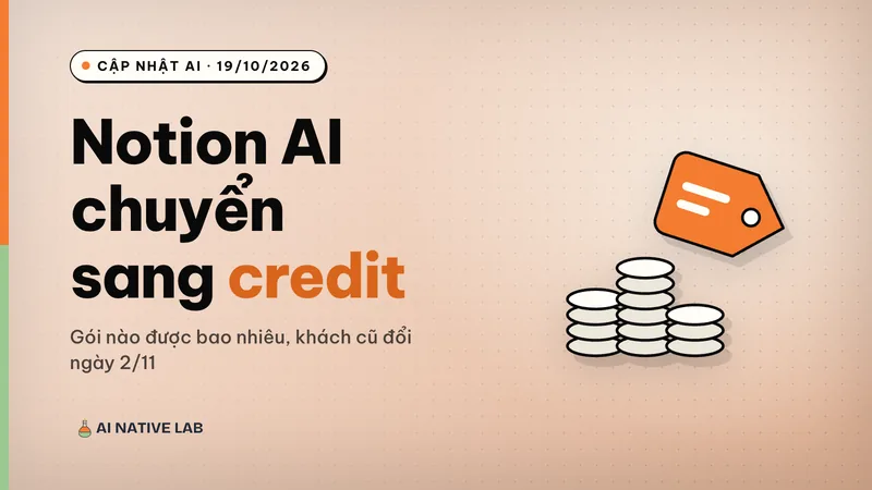 Ảnh bìa nền đất nung vân chấm: tiêu đề Notion AI chuyển sang tính credit, hình chồng đồng xu và thẻ giá màu cam