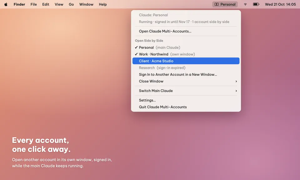 Claude Multi-Accounts — Mở nhanh từ thanh menu