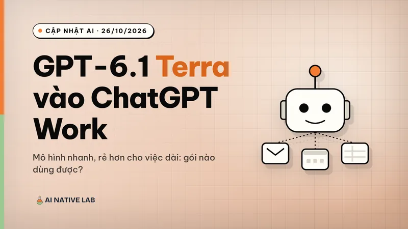 Ảnh bìa nền đất nung kẻ ô: tiêu đề GPT-6.1 Terra vào ChatGPT Work, bên phải là một robot nhỏ nối với thư, lịch và bảng tính, ăng-ten tô cam