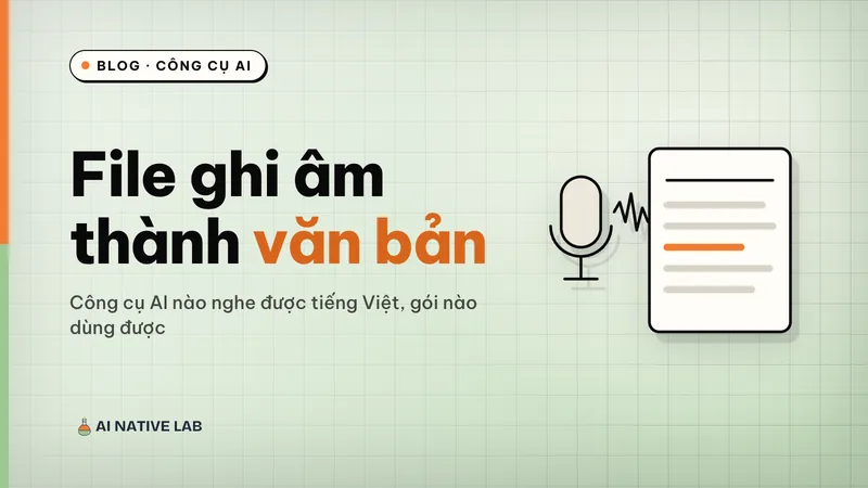 Ảnh bìa nền xanh ngọc vân ô lưới: tiêu đề chuyển file ghi âm thành văn bản, hình chiếc micro với sóng âm biến thành các dòng chữ trên trang giấy
