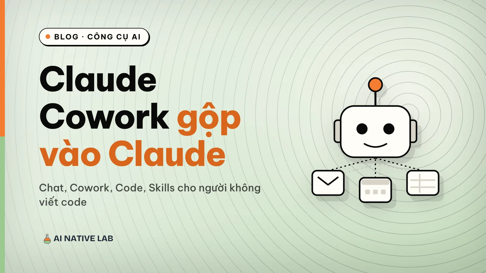 Ảnh bìa nền xanh ngọc có vân vòng tròn: tiêu đề Claude Cowork gộp vào Claude, hình một robot có ăng-ten đầu tròn màu cam nối bằng đường chấm tới ba thẻ thư, lịch và bảng tính