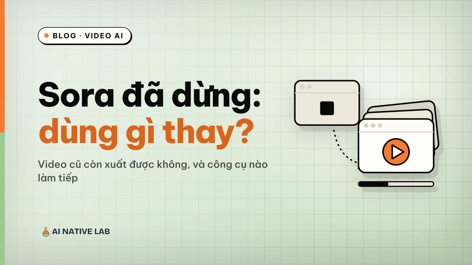 Ảnh bìa nền xanh ngọc kẻ ô: tiêu đề Sora đã dừng, dùng gì thay, hình một khung video xám có nút dừng nối bằng đường chấm tới chồng khung video mới có nút phát màu cam