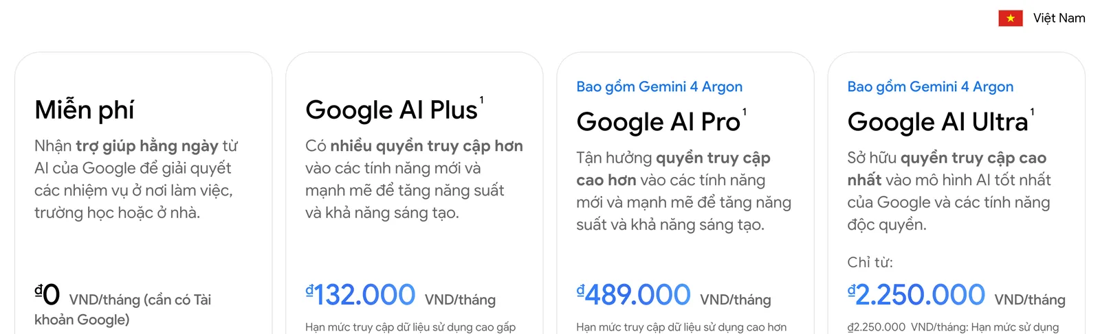 Bốn thẻ gói trên trang Gemini bản Việt Nam: Miễn phí 0 đ, Google AI Plus 132.000 đ, Google AI Pro 489.000 đ, Google AI Ultra từ 2.250.000 đ mỗi tháng