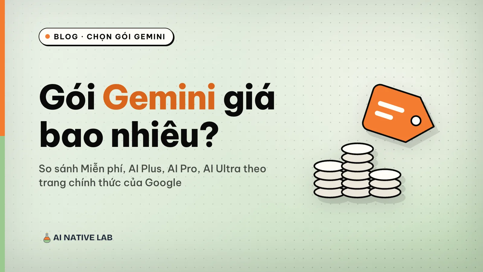 Ảnh bìa nền xanh ngọc chấm bi: tiêu đề Gói Gemini giá bao nhiêu, bên phải là thẻ giá màu cam và ba chồng xu